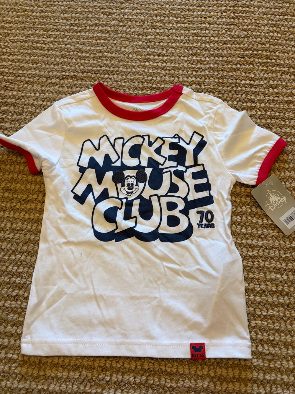 Disney White Tee with Red Trim and Navy Mickey Graphic